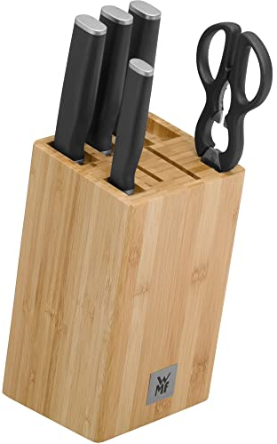 WMF Kineo Messerblock mit Messerset 6teilig, Made in Germany, 4 Messer, Küchenschere, Bambus-Block, Performance Cut, Spezialklingenstahl