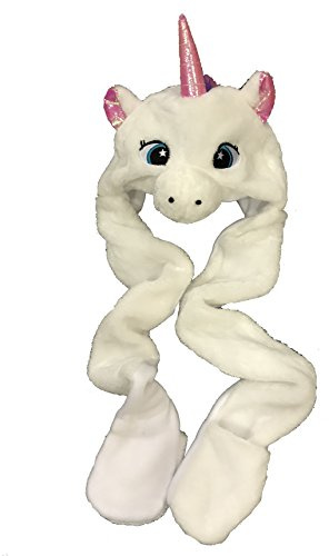 Drew Brady Kids Faux Fur Animal Head Long Trapper hat Hood Scarf Snood with Built in Mitten Covers (White Unicorn), 4-13 Years