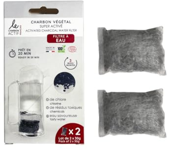 Filter Refill Bags 2X30g– Reducing Chlorine, Heavy Metals, Bad Taste-100% Natural Activated Charcoal-Made in France