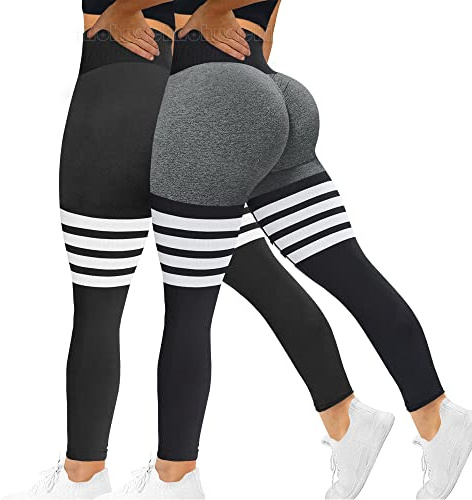 MOHUACHI Leggings mit hoher Taille für Damen, Bauchkontrolle, Po-Lifting, Yogahose, Workout-Kompressionsstrumpfhose, 2 Packungen - Schwarz, Grau, X-Groß