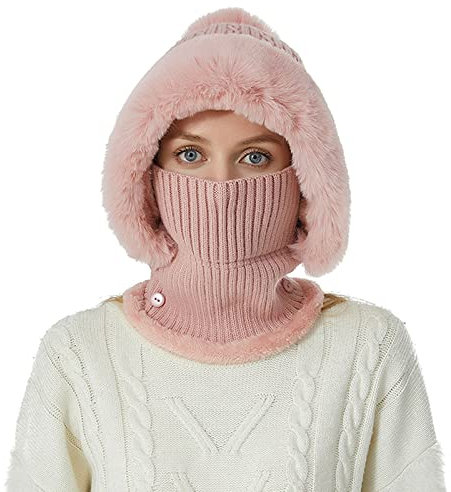 Unbekannt Winter warme Schalmütze Set Warme Wintermütze Stricken Schal Mütze Damen Beanie Ohrenschützer MüTze FüR Outdoor WintermüTze Ski Bommel Mütze Pompom Winddichte Schalmütze