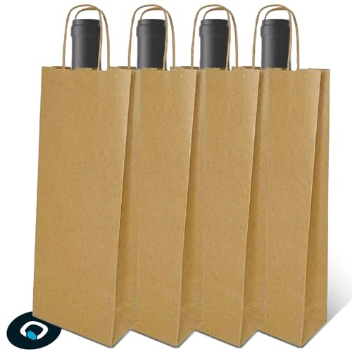 25 Sacchetti Porta Bottiglie Vino in Carta Kraft, 14 x 8.5 x 39.5 cm - Shopper Regalo Porta Bottiglie, Manici Rinforzati, Buste per Vino, Champagne, Birra - Carta Riciclata Ecologica e Robusta, Avana