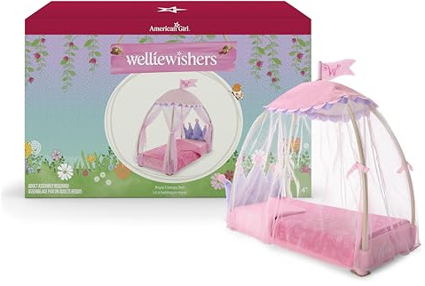 American Girl WellieWishers 14.5-inch Doll Royal Canopy Bed Playset with Mesh Drapes, Flag, and Blanket, For Ages 4+