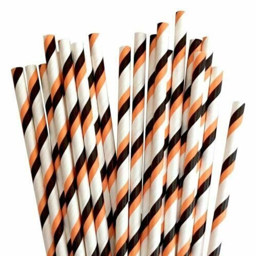 LUMOUS ROLA Paper Straws, Drinking Straws Assorted Bio Degradable Drinking Paper Straws Wedding Party, Party Straws, Restaurant, Juice Drinking Straws (25X White with Orange Black Chevron)