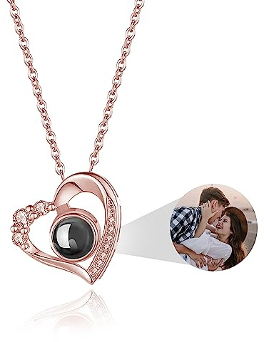 Easycosy Photo Necklace Personalised Projection Necklace with Picture Inside Custom I Love You Heart Jewelry Valentine's Day Birthday Anniversary Memorial Gifts for Women Girlfriend Mom Daughter
