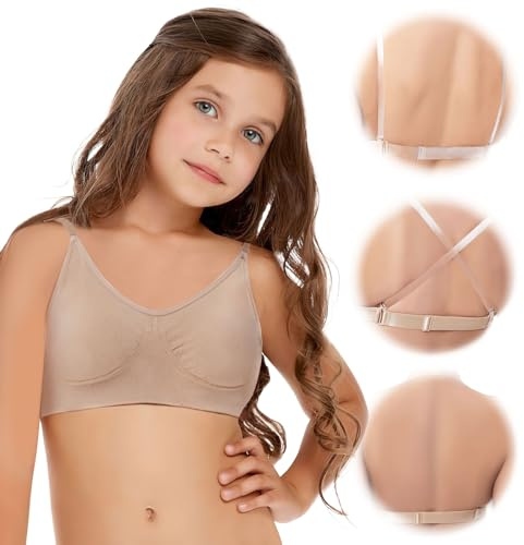 iMuchic Soutien-Gorge de Danse pour Filles avec Dos Transparent, Soutien-Gorge de Ballet Invisible sans Couture, Bretelles Transparentes réglables, Beige, 10-12 Ans