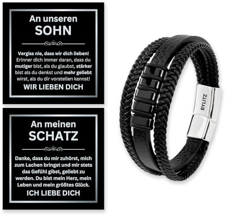 Leder Armband personalisiert mit LED Geschenk-Box An meinen Sohn Mann Schatz Geschenk mit Glückwunschkarte für Männer Herren Jugendliche Jungen Geburtstag Weihnachten
