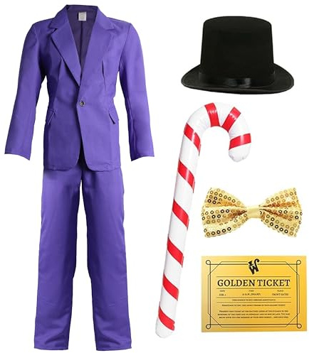 Costume de patron de chocolaterie pour adultes – Taille M – Costume violet, chapeau haut de forme noir, nœud papillon à paillettes dorées, canne à sucre d'orge gonflable, billet doré – Déguisement