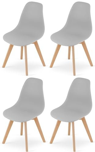 NMK HOME Esszimmerstühle 4er Set – Graue Kunststoffstühle mit Holzbeinen, Ergonomisch und Langlebig, Skandinavisches Design, für Esszimmer, Küche, Büro – Einfache Selbstmontage