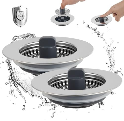 iFealClear 2 Pack 3-in-1 Kitchen Drain Stopper & Plug Strainer, Stainless Steel Wrapped Shell with Stainless Steel Filter Basket, Anti-Clogging & Odor-Blocking, Fits 72-86mm Sink Holes, Depth > 28mm