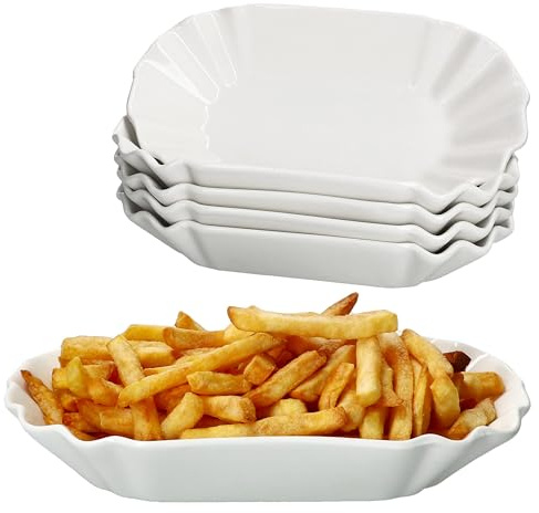 MamboCat 6er Set Frietjes Pommesschale I weiße Wiederverwendbare XL-Currywurstschale aus Porzellan I Snackteller mit Relief für Würstchen, Pommes & Co