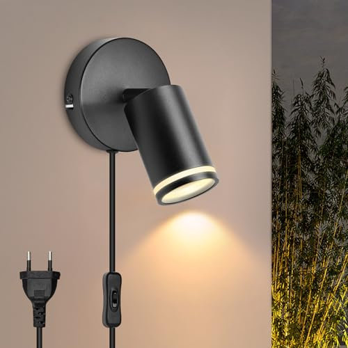 Applique da Parete Interno Nero Orientabili, GU10 Lampada da Parete con Interruttore e Spina, Applique Camera da Letto Moderna con Cavo da 1,3m, Lampade da Muro per Soggiorno Corridoio,Senza Lampadina