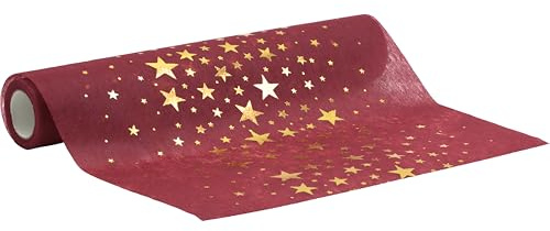100%Mosel Vlies Tischläufer, in Bordeaux Rot, Sterne in Gold (28 cm x 5 m)