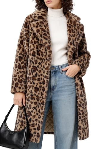 Bgylu Women's Faux Fur Coat Teddy Fuzzy Fleece Open Front Cardigan Elegant Lapel Collar Long Sleeve Longline Loose Jacket (US, Alpha, Small, Regular, Regular, Leopard)