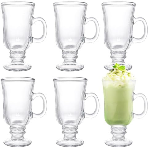 SHANDERBAR Juego de 6 tazas de café irlandés, vasos de café irlandés de 8.8 onzas con asa y base de tallo con pies, tazas de vidrio transparente para bebidas frías y calientes, té, latte, capuchino
