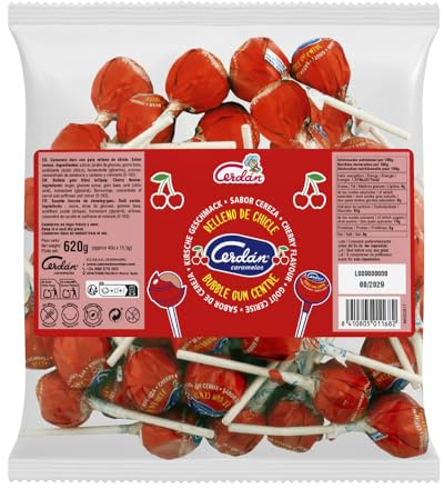 Caramelos Cerdán - Chupa Gigante Relleno de Chicle | Bolsa de 40 Unidades | Sabor Cereza Rojo | Caramelo Duro con Palo sin Gluten ni Alérgenos | Ideal para Fiestas, San Valentín y Cumpleaños