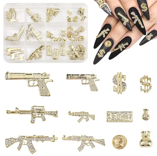 62pcs Breloques Ongles 3D, Or Alliage Breloques pour Ongles en Forme de Pistolet et de Dollar Décoration pour Ongles Accessoire pour Femmes Filles Conception de Manucure Bricolage
