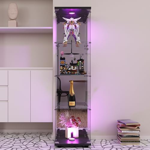 FOERPL Vitrin av glas, vitrinskåp av glas, 4 nivåer, skåp med lås, LED-ljus, samling, möbler, vitrinskåp, vardagsrum, transparent (spegel, svart)