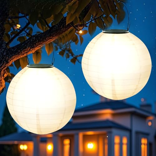 Solar Lampions Außen Wetterfest, 2 Stück 25 CM Solarlampions für Außen Hängend, Lampions Solar Outdoor Zum Aufhängen, Wasserdicht LED Solarlampions für Garten, Terrasse, Hochzeit Deko (Weiß A)