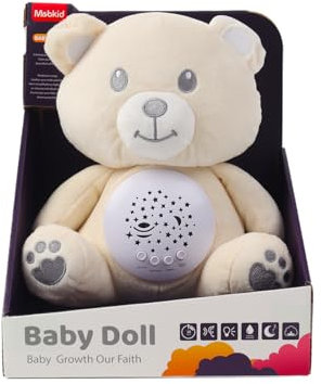 Little Bambino Baby Sleep Aid Teddy Bear, White Plush Night Light Projector with Starry Display and Soothing Sounds