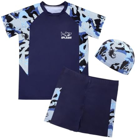 Mayoii Boys Swimming Costume,Big Kids Swim Trunks & Short Sleeve Rash Guard Shirt & Swim Cap,Two Piece Swimsuit T-Shirt Short Set (UK, Age, 5 Years, 6 Years, Regular, Standard, Blue Shark)