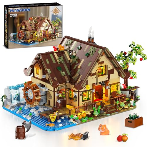 PLAXSOON Wood Cabin Mini Building Set with Lights, Forest House Building Block Kit with Animals Stream Waterwheel, 2570 PCS Treehouse Construction Model Toy Collection for Adults Teens Boys Girls 12+