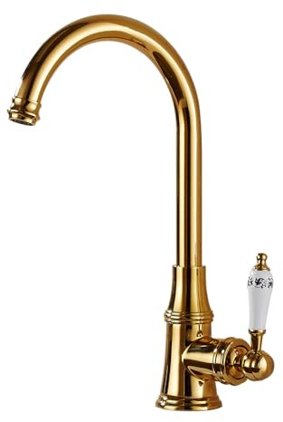 Antique Kitchen Faucet High Pressure Mixer Tap for Country Style Kitchen 360° Swivel Ceramic Handle Water Tap (Gold Finish)