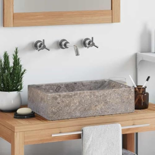 Lavabo da Appoggio in Marmo Grigio, Design Moderno con Finitura Lucida, Per Bagno o Toilette, 45 x 30 x 12 cm