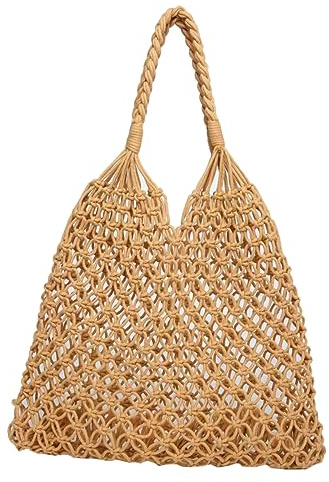 VALICLUD Bolso de Hombro para Mujer Ligero y Bolsa Rejilla de Rafia para Playa Picnic y Uso Diario Color Camel Casual y Práctico