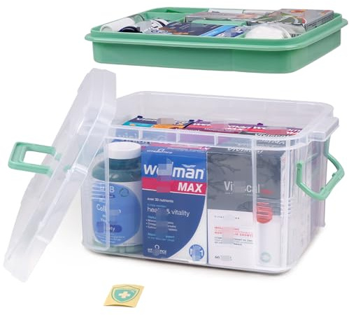 DOUKE 15qt Clear Medicine Organizer Storage Box with Handle, Plastic Empty First Aid Box with Tray, Multipurpose Medical Storage Container, Medication Organizer Chest for Home, Baby, Elderly, Dorm