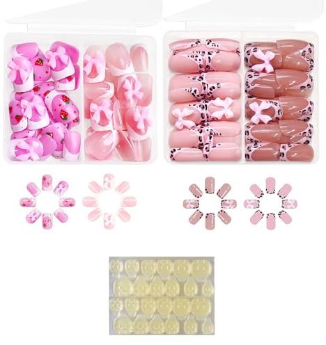 96 Stück Fingernägel zum Aufkleben Teenager, Niedliche Schleifchen | Falsche Nägel, Nägel zum Aufkleben Mit Gelfolien, Nageldesign Für Teenager, Party, Hochzeit, Mädchen (Rosa)