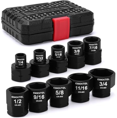 EMENTOL 3/8 Drive Stubby Impact Socket Set, SAE, 1/4-3/4, Low Profile Impact Nano Sockets, 10-Piece, CR-MO