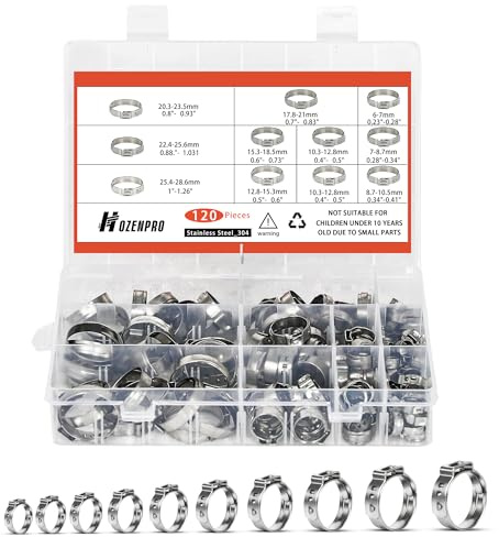 120 Stück Einzelohr-Schlauchklemmen, 10 Größen (6-28,5mm) Schlauchschellen Set, Schlauchschellen Edelstahl 304 zum Sichern von Rohrschläuchen und Fahrzeuggebrauch