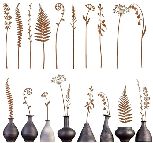 Rusty Metal Garden Decor | Rusty Decorative Yard Stakes | Farmhouse Rustic Ferns Flowers Statue Vintage Weather-Resistant Lawn Ornament for Park Potted Planter