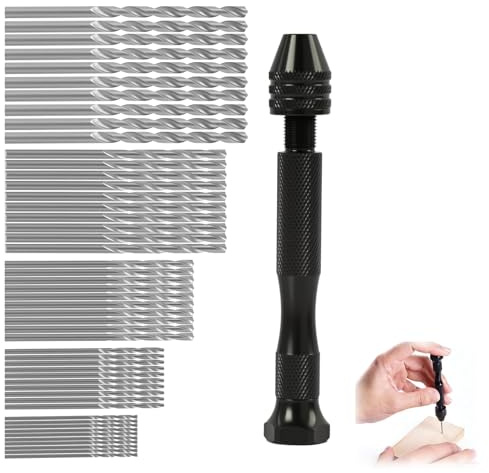 Handbohrer Set – schwarzer Handbohrer + 50 silberne Spiralbohrer 5 Größen (1/1,5/2/2,5/3 mm, je 10 PCS), für Kinderhandwerk, Holz- & Kastanienbohren