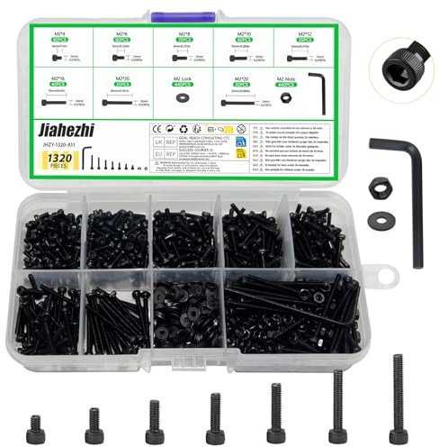 M2 Nuts and Bolts Set 1320 Pcs Hex Socket Head Cap Screws Machine Screws and Flat Washers Assortment Kit for Bicycle and Motorcycle Repairs