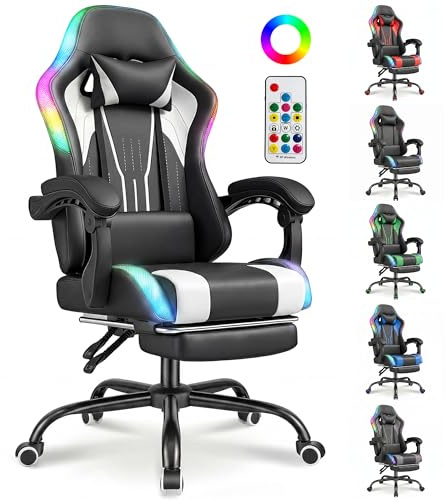 TRIUMPHKEY Sedia da Gioco con Luce RGB LED di Stile Gaming, 366 Modalità di Effetto Luminoso, Tela PU Resistente alla Sporco, Braccioli Sincronizzati, Cuscino Lombaire a Massaggio USB (Bianco)