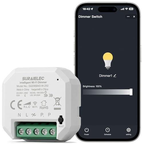 SURAIELEC WLAN Smart Dimmer Schalter für led lampen Nullleiter nötig | CFL 3-200W & Glühlampen 15-250W, 220-240V, Kompatibel mit Tuya App, Alexa und Google Assistant, Phasenabschnitt