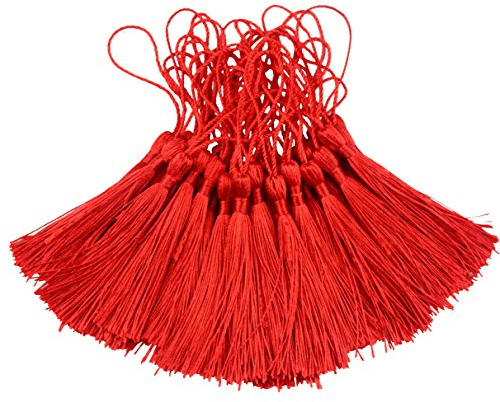 100pcs 13cm / 5 Zoll Seidige Floss Lesezeichen Quasten mit 2-Zoll-Kabel Schleife und Kleinen Chinesischen Knoten für Schmuck Machen, Souvenir, Lesezeichen, DIY Handwerk Zubehör (Rot) | Quasten Anhänger mit 5cm Schlaufe für Schmuckherstellung,Lesezeichen,Quasten Basteln,Handwerk Zubehör