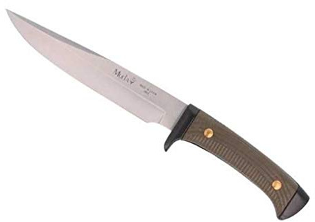 Muela Cuchillo 3162 hoja de acero ACX-380 de 16 cm y empuñadura de ABS verde para Caza, Pesca, Supervivencia y Bushcraft Realizado en Ciudad Real + Portabotellas de regalo