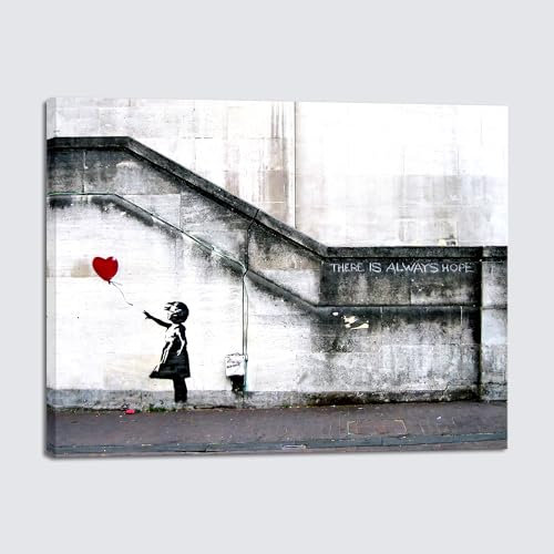 Wieco Art Canvas Prints Wall Art of Banksy Grafitti Girl with Red Balloon Grey Love Pictures Paintings for Living Room Bedroom Home Decorations Modern Stretched and Framed Giclee Artwork