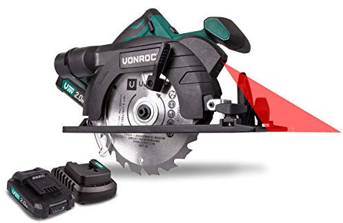 VONROC Sega circolare a batteria VPower 20V, 150 mm. Include due batterie 20V 2.0 Ah, caricabatterie rapido, una lama per sega, guida parallela e sacca portautensili