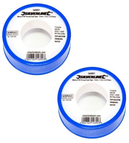 Silverline White PTFE Sealant Tape Threaded Thread Seal Tape Fitting Water Plumbing Tape 12mm x 12m 2 Rolls