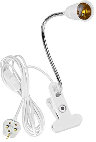 Clip Desk Lamp, E27 Lamp Holder Clip on Bulb holder Flexible Light Base with Switch UK Plug, 360° Clip on Light Socket Screw Lamp Holder 220cm Cable for Garages Kitchens Clip on table or hang on wall
