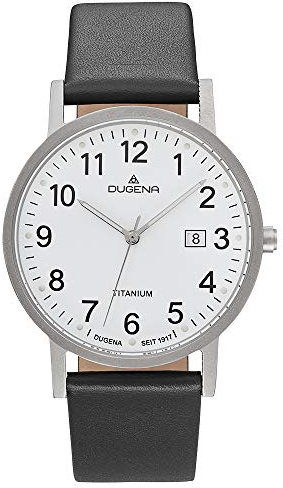 Dugena Herren-Armbanduhr 4460999 Novum, Quarz, weißes Zifferblatt, Titangehäuse, Mineralglas, Lederarmband, Dornschließe, 5 bar