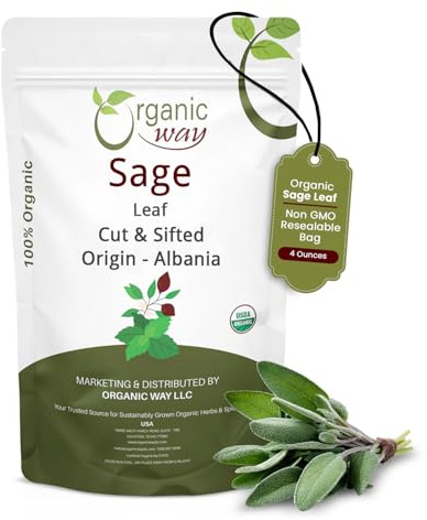 Organic Way Sage Leaf Cut & Sifted (Salvia officinalis) | Herbal Tea - European Wild-Harvest | Kosher Certified | Raw, Non GMO & Gluten Free | USDA Certified | Origin - Albania | 4 Oz (Pack of 1)