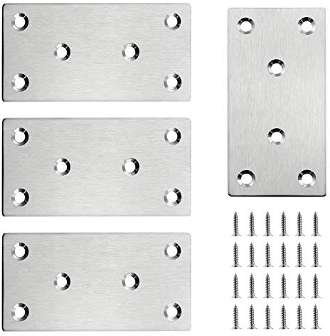BokWin 4Pcs Stainless Steel Mending Plates, 100 x 50 x 2mm Heavy Duty Straight Metal Brace, Mending Flat Bracket Repair Plate with Screws for Wood, Furniture, Shelves, Cabinet（4x2inch