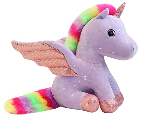 Mislaxy Einhorn Kuscheltier Glänzende Mehrfarbig Regenbogen Engel Einhorn Pegasus Plüschtier Kawaii Weich 23 cm Geschenk für Weihnachten Geburtstag (Lila)