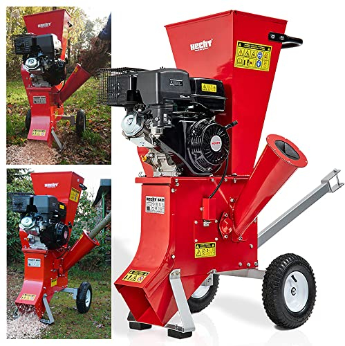 HECHT Benzin Häcksler groß mit kraftvollem 13 PS 4 - Takt Motor & 389 ccm – Schredder ideal für Gartenabfälle, Ast werk & Holz bis zu 89 mm Durchmesser – mit zwei Einfülltrichter, Fahrwerk, Deichsel