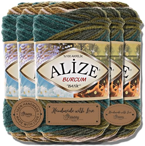 Hobby YARN 3x Etikettenlabel mit Alize Burcum Batik Wolle Premium 5x100g als Set, Yarn, Garn, Strickgarn, Farbverlauf, Babywolle zum Häkeln, Stricken, Kleidung, Schals (4684)